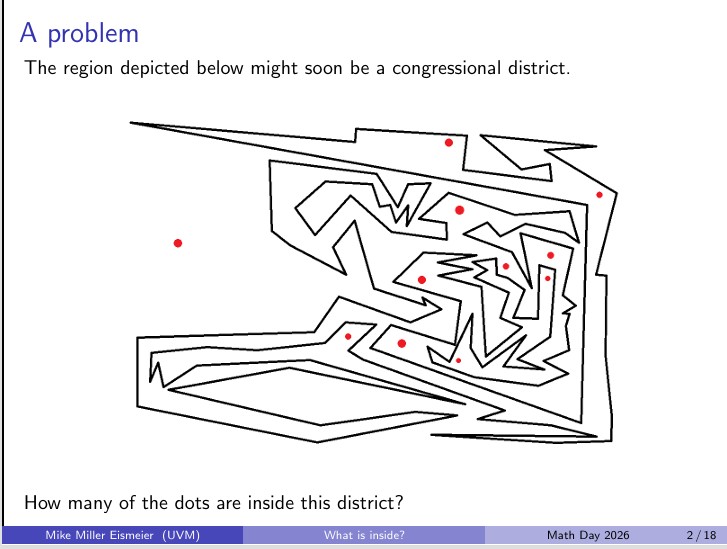 A complicated region with an irregular boundary, with several dots. The region might represent a congressional district. How many of the dots are inside this district? 